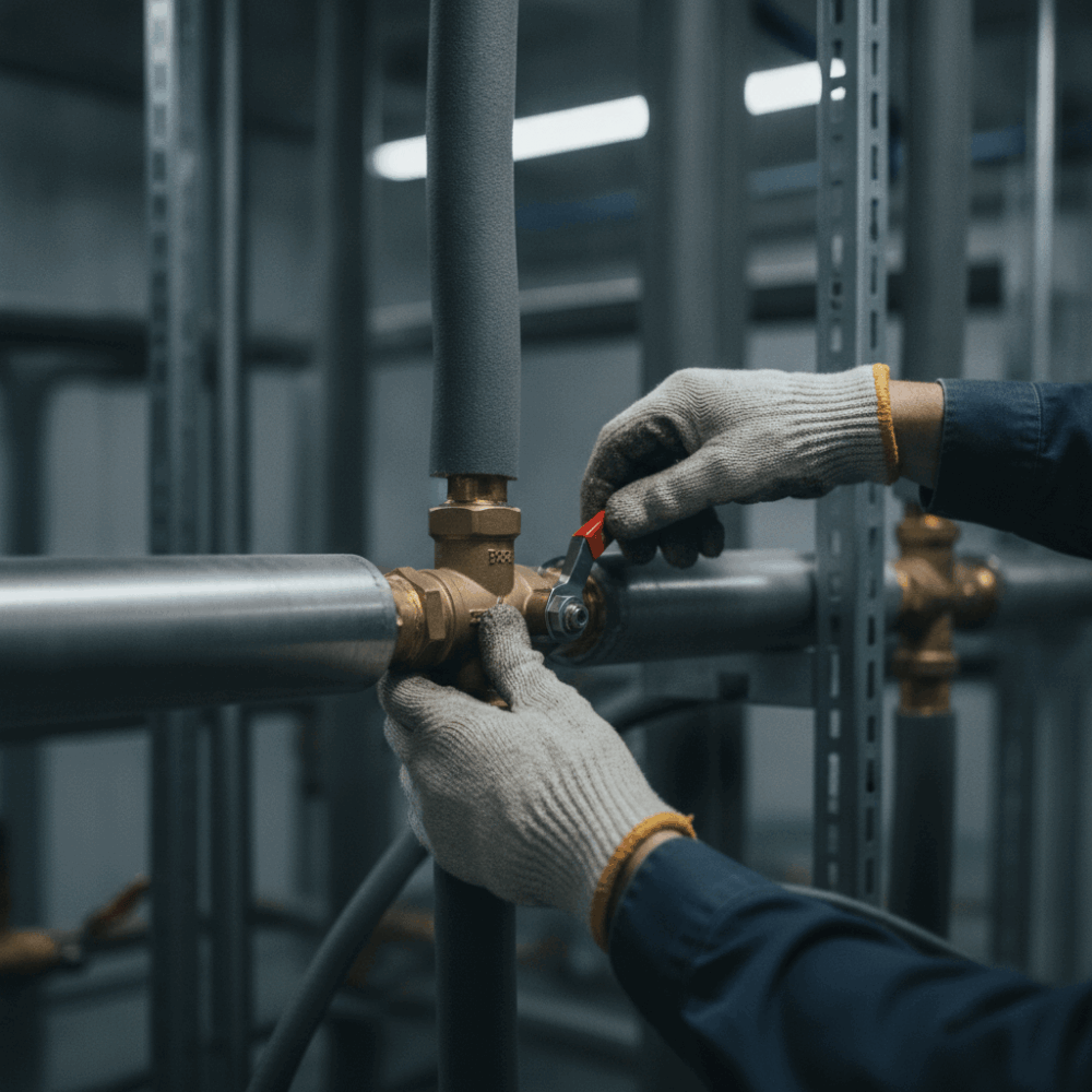 Technicien ajustant une pompe à chaleur en local technique, illustrant l'électrification des usages thermiques dans le tertiaire