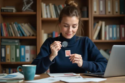 Femme examinant un timbre de collection avec une loupe sur un bureau en bois, illustrant la vérification des achats sur Delcampe