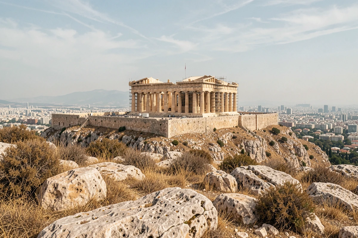 Vue panoramique de l'Acropole d'Athènes depuis une colline rocheuse avec la ville moderne en arrière-plan