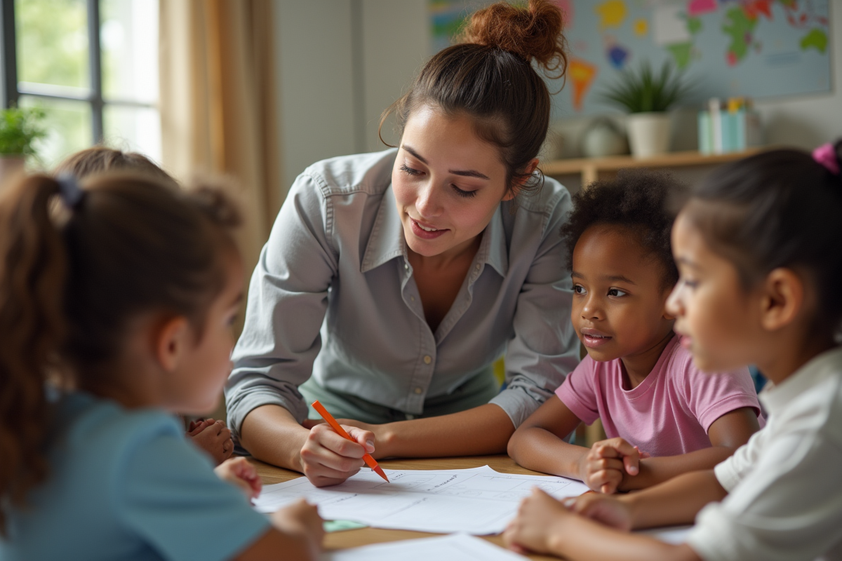 Support éducatif guidant un groupe d enfants lors d une activité en classe