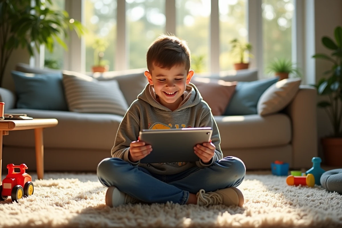 Adolescent jouant sur une tablette dans un salon lumineux