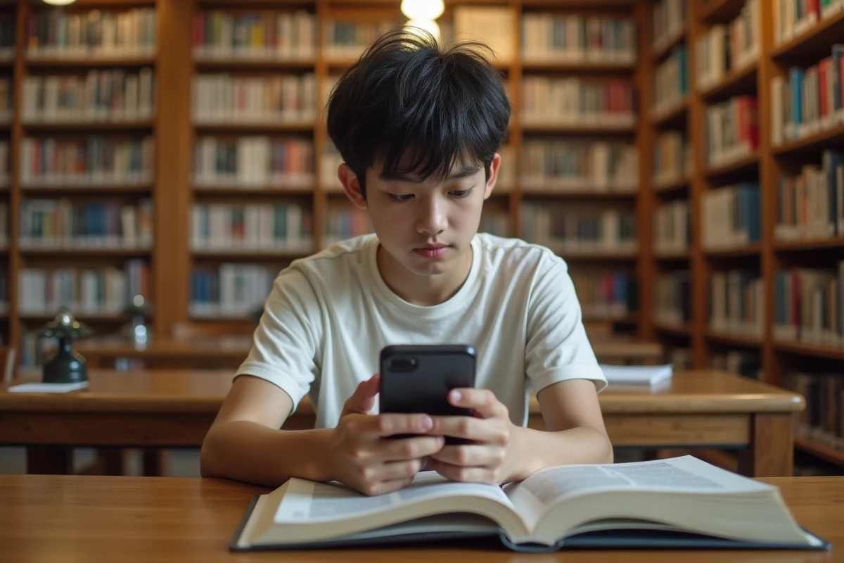 Adolescent lisant manga dans une bibliothèque