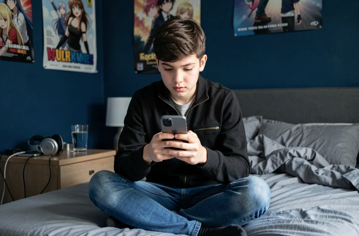 Adolescent lisant des scans manga sur smartphone dans sa chambre de manière discrète