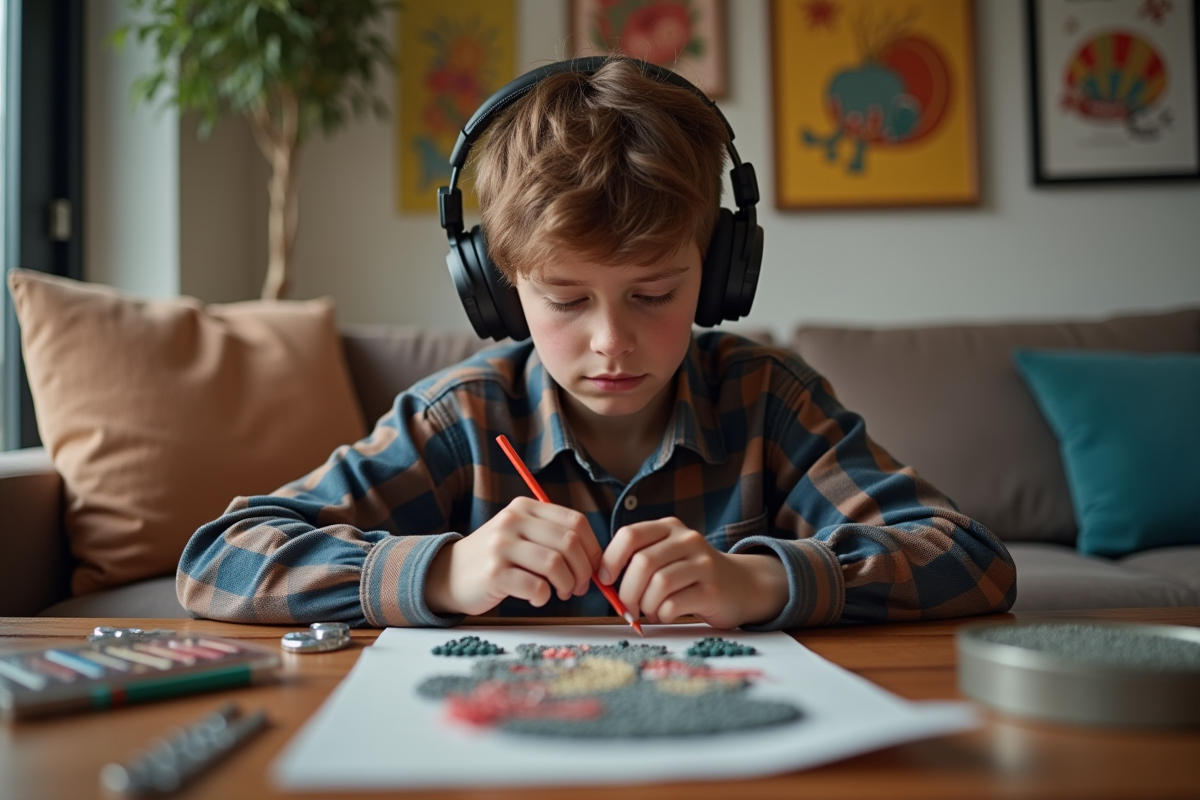Adolescent concentré sur un kit de broderie diamant dans le salon