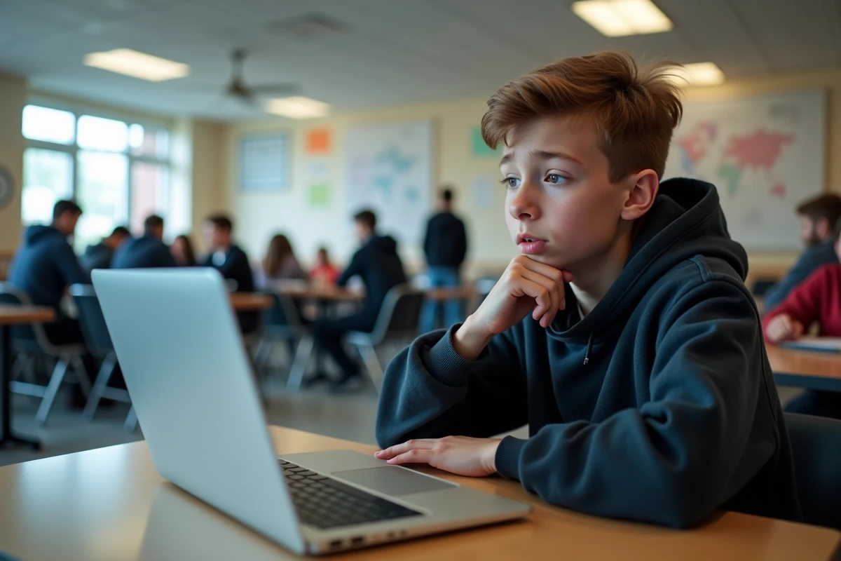 Adolescent perplexe regardant une page de grammaire française sur son ordinateur portable dans une cafétéria scolaire, l'air concentré et interrogatif
