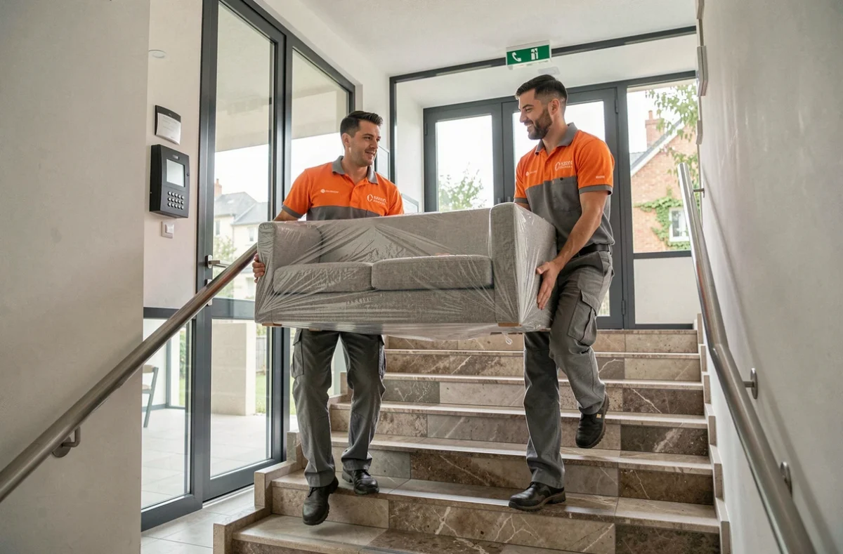 Deux déménageurs d'ADP Prodem portant un canapé emballé dans l'escalier d'un immeuble résidentiel moderne