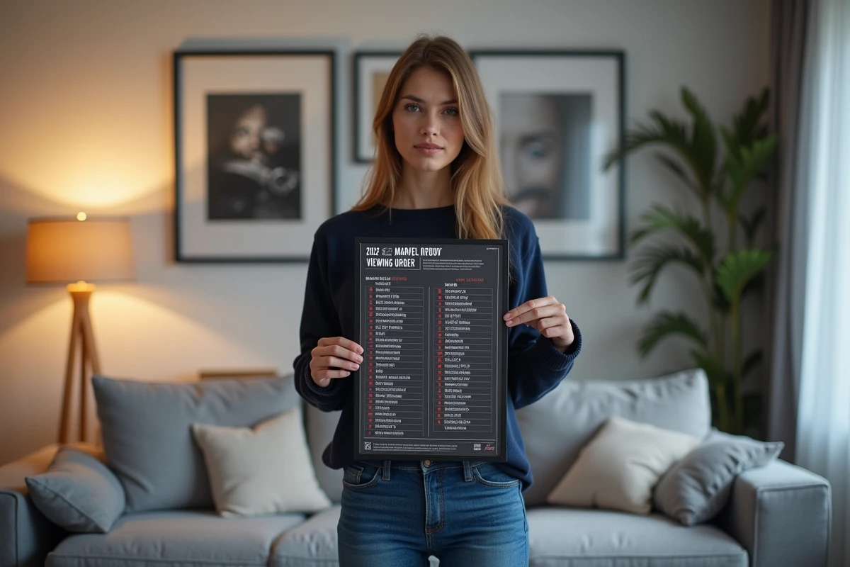 Femme tenant un poster de l'ordre de visionnage mis à jour 2026 des films et séries Marvel MCU avec toutes les phases