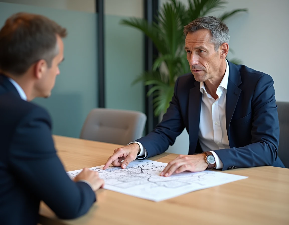 Agent immobilier présentant un plan cadastral à un client dans une agence moderne