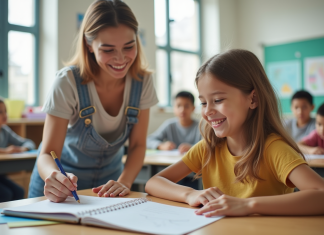 Assistante scolaire aidant un élève avec besoins spéciaux dans une classe lumineuse