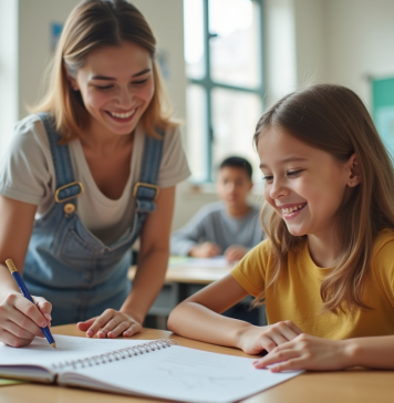 Assistante scolaire aidant un élève avec besoins spéciaux dans une classe lumineuse