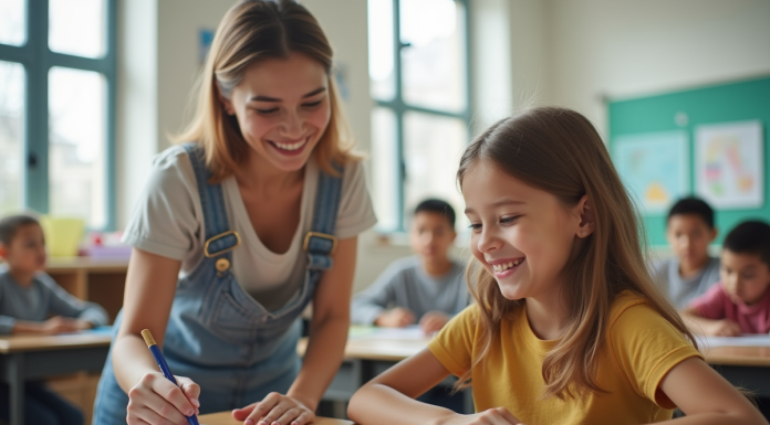 Assistante scolaire aidant un élève avec besoins spéciaux dans une classe lumineuse