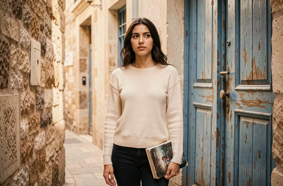 Jeune femme d'origine algérienne debout dans une ruelle aux murs en pierre, tenant un livre, évoquant ses racines et ses débuts avant une carrière radiophonique