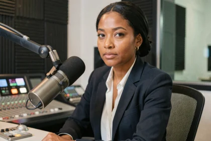 Animatrice radio d'origine nord-africaine assise derrière un micro de studio professionnel dans une cabine de diffusion, regard confiant vers l'objectif