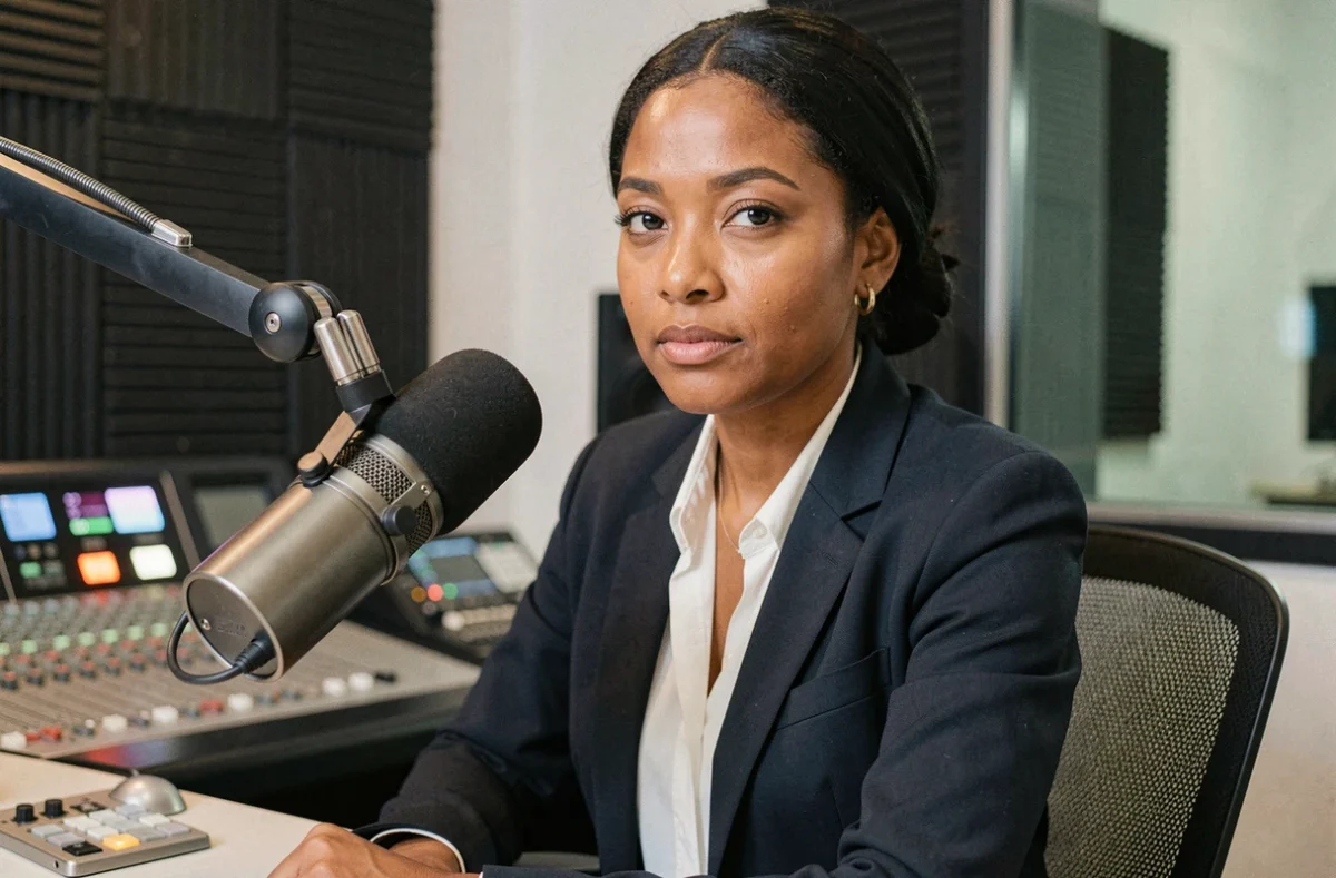 Animatrice radio d'origine nord-africaine assise derrière un micro de studio professionnel dans une cabine de diffusion, regard confiant vers l'objectif