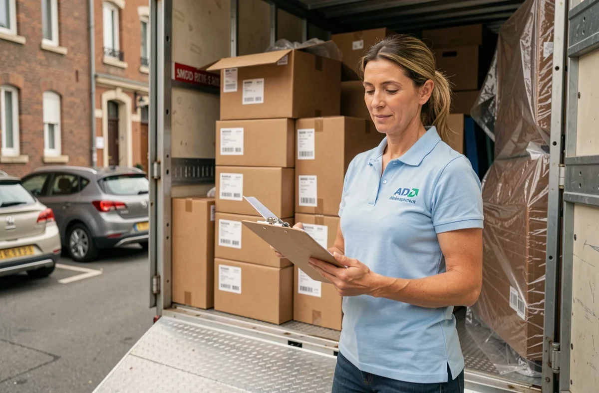 Coordinatrice d'AMD Déménagement vérifiant l'inventaire à l'arrière d'un camion