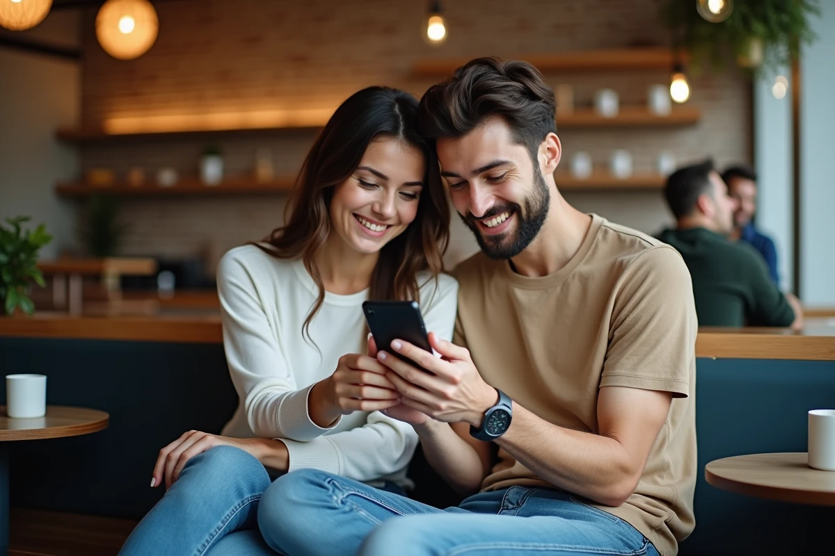 Deux amis parcourant ensemble une plateforme de lecture de séries sur smartphone dans un café, montrant l'aspect social de la lecture numérique