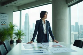 Femme cadre analysant des rapports SBTi et objectifs de réduction carbone dans un bureau moderne avec grande baie vitrée