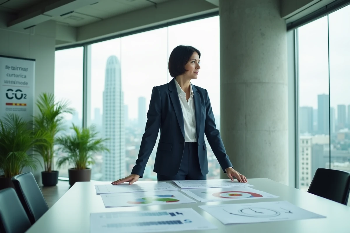 Femme cadre analysant des rapports SBTi et objectifs de réduction carbone dans un bureau moderne avec grande baie vitrée