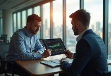 Professionnels analysant des graphiques financiers dans un bureau lumineux