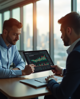 Professionnels analysant des graphiques financiers dans un bureau lumineux