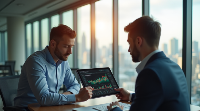 Professionnels analysant des graphiques financiers dans un bureau lumineux