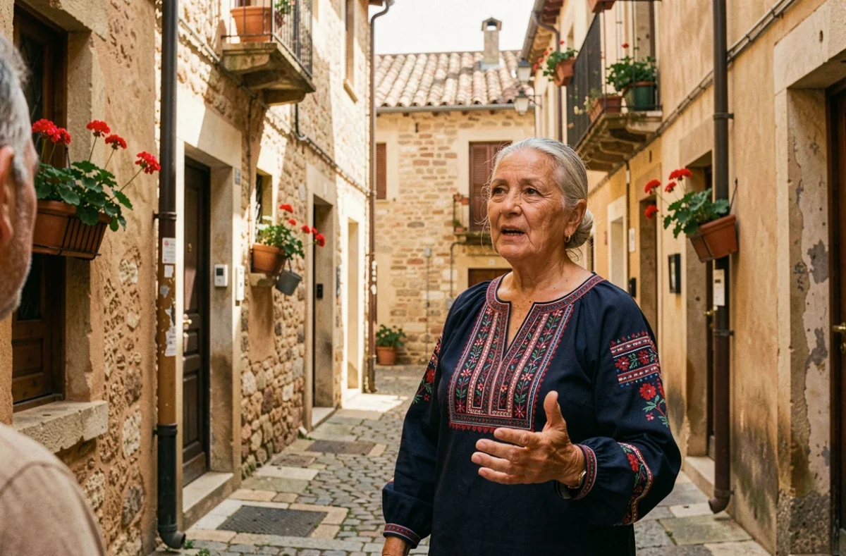 Femme âgée aux traits méditerranéens en tenue traditionnelle brodée dans une ruelle historique d'un village du sud de l'Europe évoquant les racines familiales