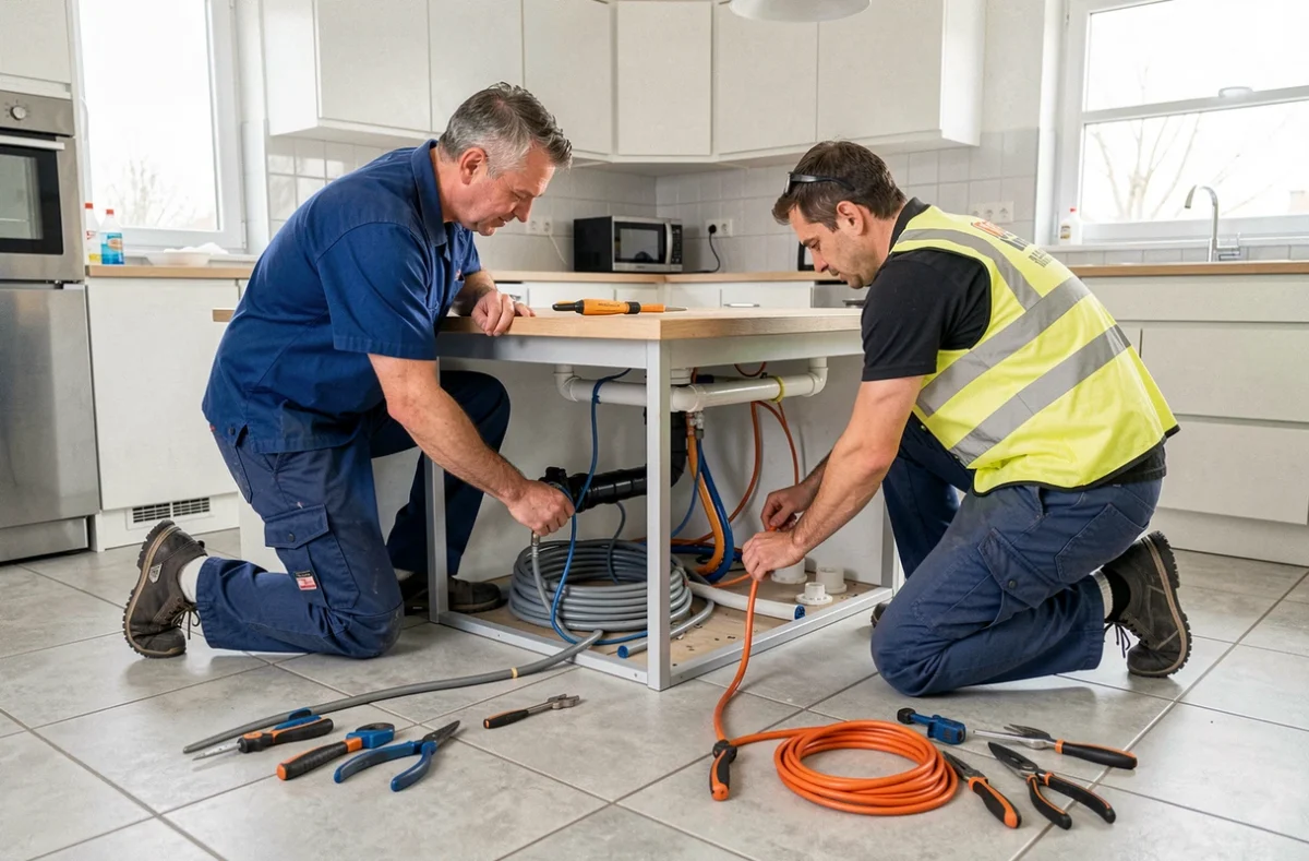 Techniciens d'Anjou Plomberie Elec'services réalisant une installation combinée plomberie et électricité dans une cuisine moderne