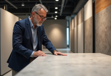 Architecte examine une dalle de pierre technique dans un showroom moderne