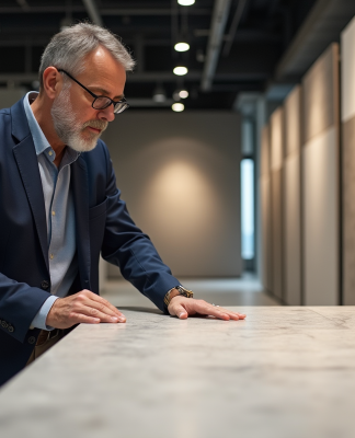 Architecte examine une dalle de pierre technique dans un showroom moderne