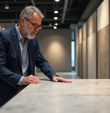 Matériau extrêmement durable : quel choisir pour votre projet ? Architecte examine une dalle de pierre technique dans un showroom moderne