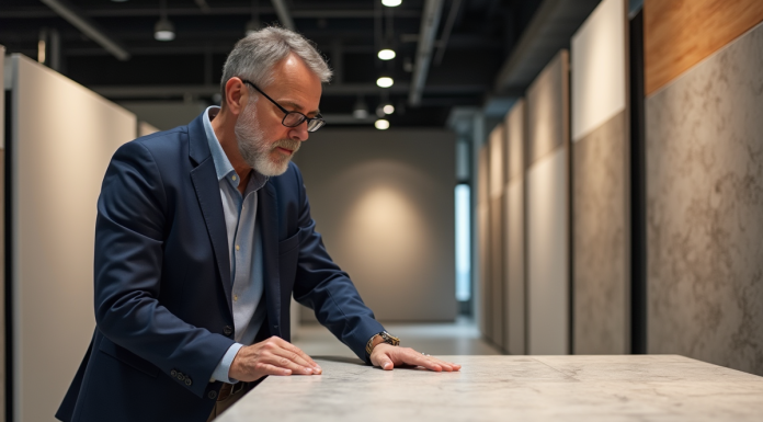 Architecte examine une dalle de pierre technique dans un showroom moderne