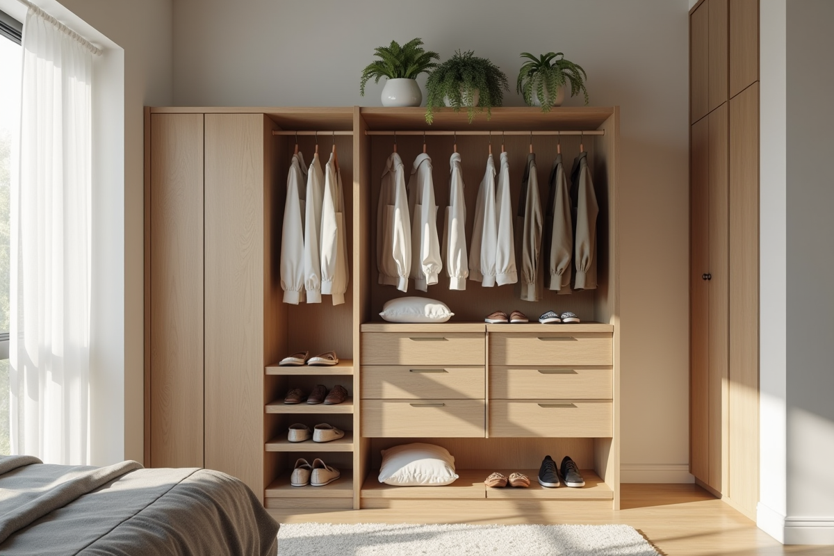 Armoire ouverte dans une chambre moderne avec vêtements et plantes