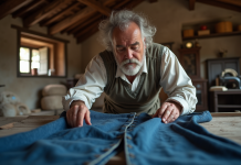 Artisan textile inspectant du denim ancien dans un atelier traditionnel