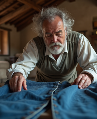 Artisan textile inspectant du denim ancien dans un atelier traditionnel