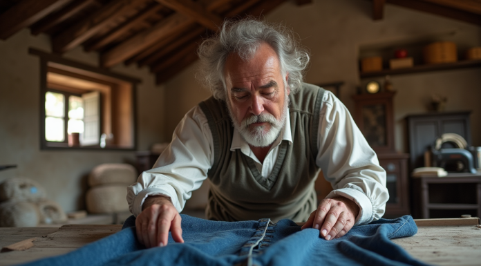 Artisan textile inspectant du denim ancien dans un atelier traditionnel