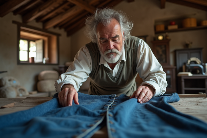 Artisan textile inspectant du denim ancien dans un atelier traditionnel