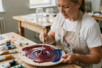 Artiste mélangeant des couleurs primaires sur une palette pour obtenir du bordeaux en peinture acrylique