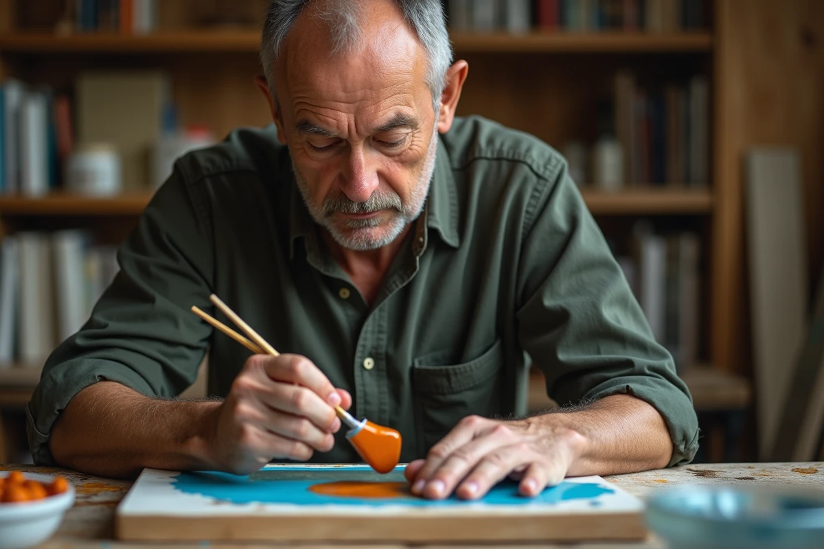 Homme ajustant un mélange orange et bleu pour créer une teinte marron sur une palette en verre