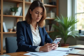 Femme consultant son contrat d'assurance vol et casse Chubb SFR avec un smartphone à écran brisé sur un bureau