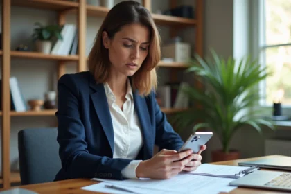 Femme consultant son contrat d'assurance vol et casse Chubb SFR avec un smartphone à écran brisé sur un bureau