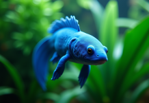 Axolotl bleu nageant dans un aquarium lumineux avec plantes vertes