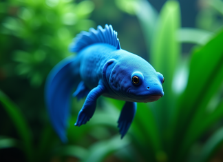 Axolotl bleu nageant dans un aquarium lumineux avec plantes vertes