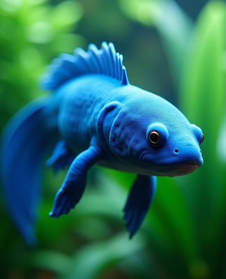 Axolotl bleu nageant dans un aquarium lumineux avec plantes vertes