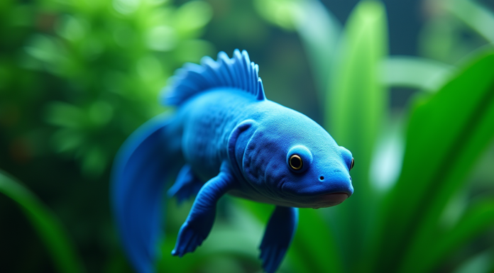 Axolotl bleu nageant dans un aquarium lumineux avec plantes vertes