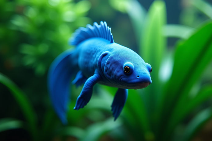 axolotl-aquarium-eau-douce Axolotl bleu nageant dans un aquarium lumineux avec plantes vertes