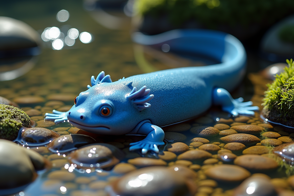 Axolotl bleu reposant sur des pierres dans une rivière calme