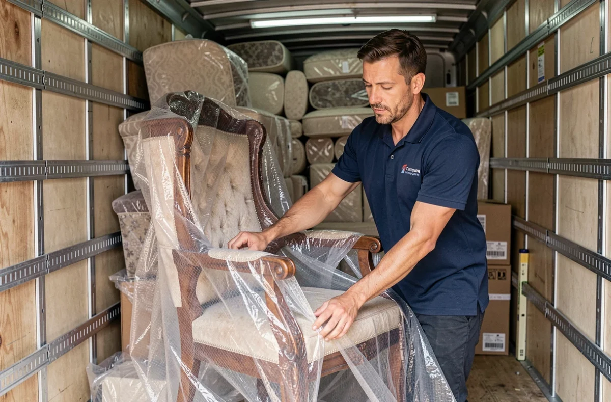 Déménageur de Bailly Déménagements emballant soigneusement un fauteuil en bois dans un camion professionnel
