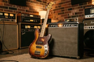 Basse Fender Precision vintage sunburst appuyée contre un ampli à lampes dans un studio d'enregistrement analogique