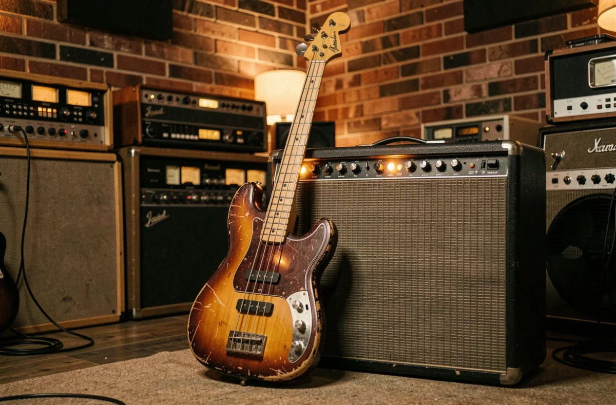 Basse Fender Precision vintage sunburst appuyée contre un ampli à lampes dans un studio d'enregistrement analogique