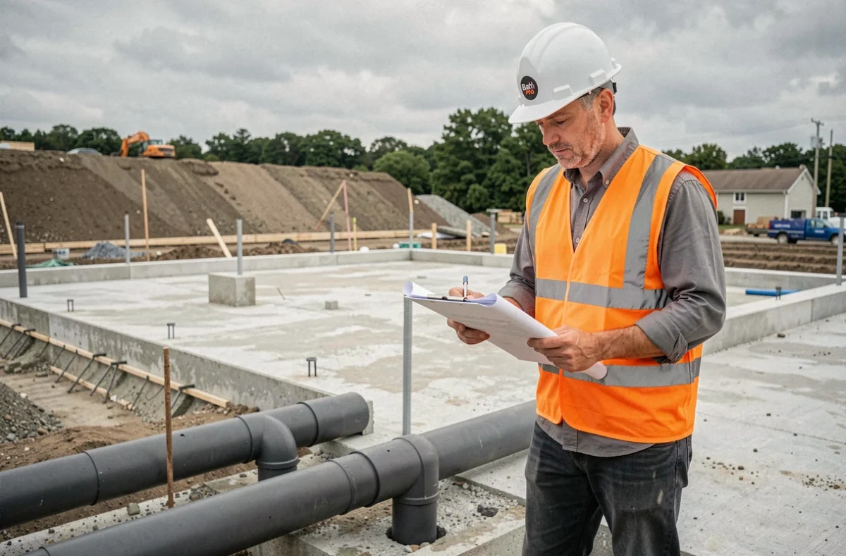Professionnel de Bati Pro supervisant l'installation de canalisations sur un chantier de construction neuve en Maine-et-Loire